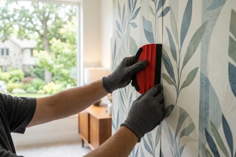 Installer pressing a wallpaper seam flat with a smoothing tool